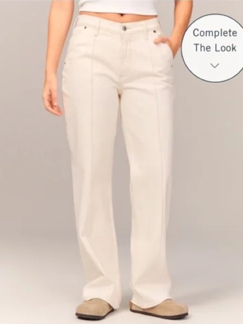 Abercrombie & Fitch Cream Curve Love Mid Rise Baggy Jeans